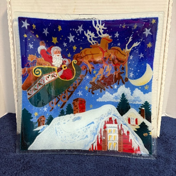 Vtg 12” Square Peggy Karr Fused Glass Christmas Plate Santa Claus Reindeer Vivid - Picture 2 of 7